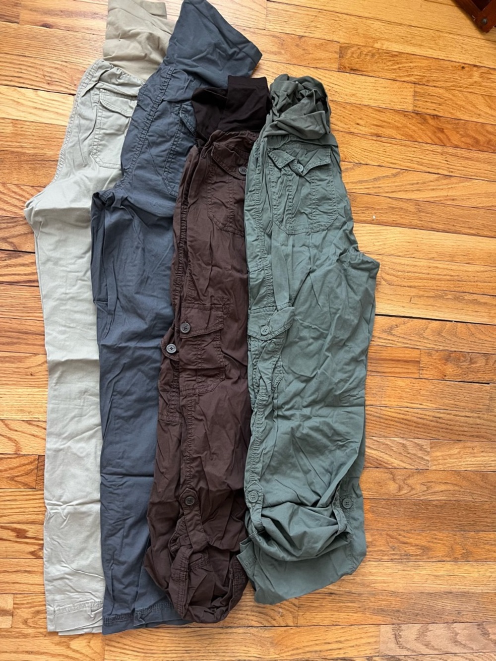 Motherhood maternity, Four Casual Cargo Pants in Olive, Brown, Slate and Khaki